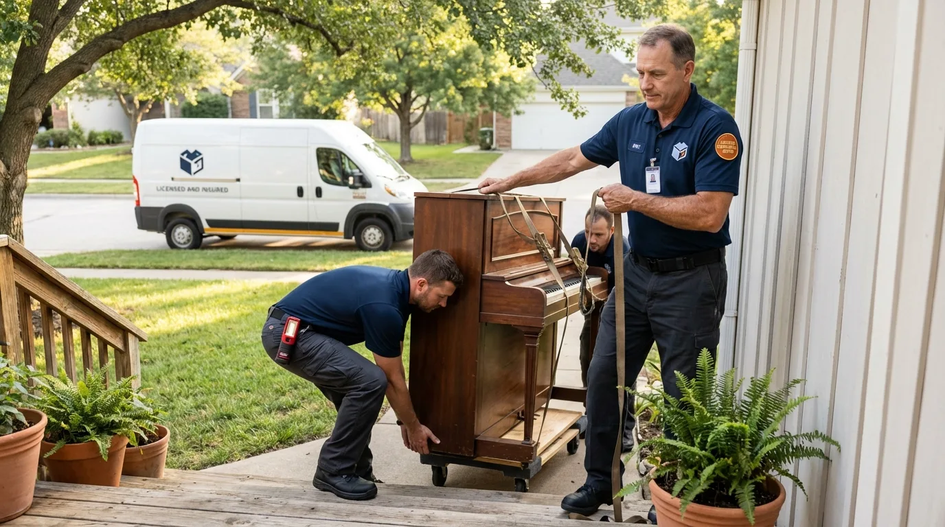 Licensed piano movers securing grand piano in La Junta, CO