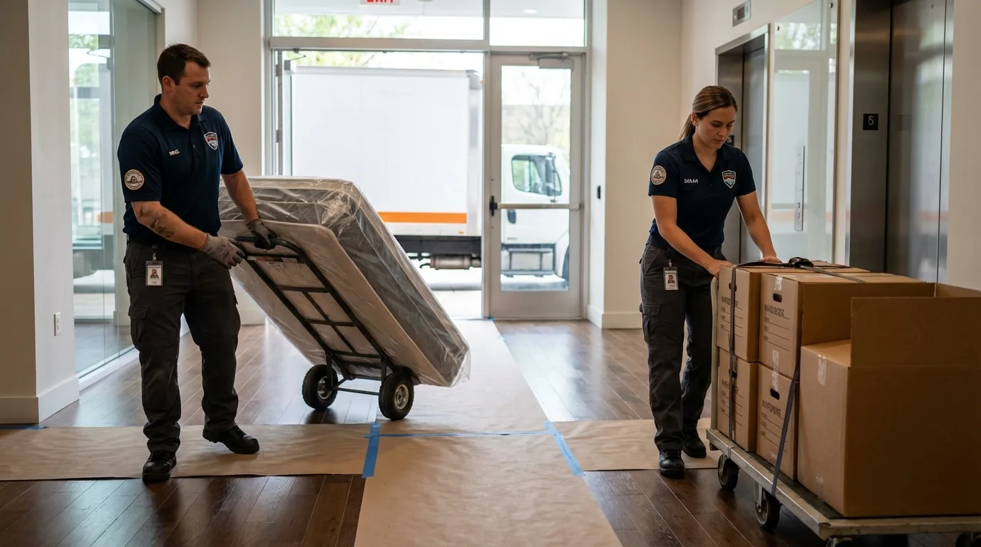 Professional apartment movers loading elevator in La Junta, CO